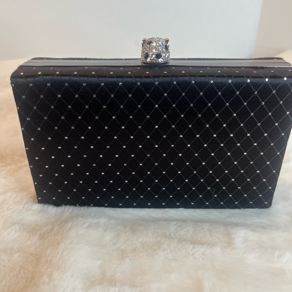 Vintage Kenneth Jay Lane Black Satan Clutch Rhinestone Detail and Leopard Latch